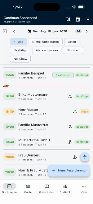 Partner-App: Buchungen eines Tages mit Uhrzeit, Personen, Tisch und Status