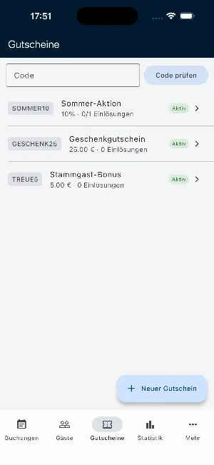 Partner-App: Gutscheine mit Code-Prüfung und Einlösungen