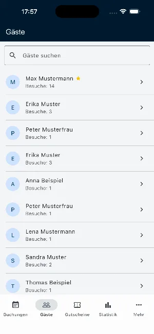 Partner-App: Gästeliste mit Suche und Anzahl der Besuche